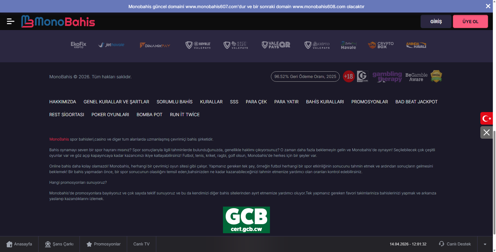 Monobahis Casino İlk Üyelik Bonusu